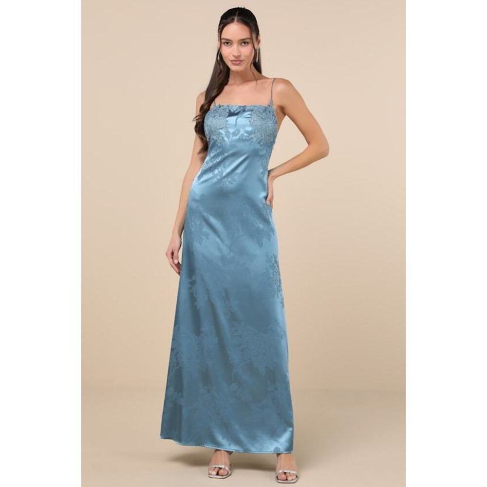 Lulus Whimsical Radiance Blue Satin Embroidered Maxi Dress - Size XL